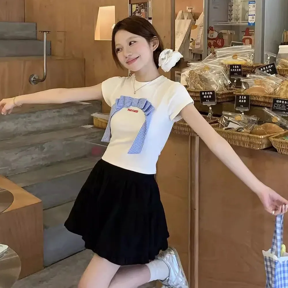Woman Clothing Sweet White O-Neck Bow Short Sleeve T-Shirts Summer Women New Design Letter Print Crop Top Female Cute Slim Tees