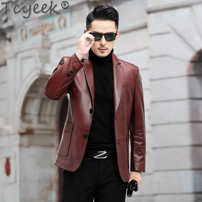 Tcyeek Top Layer Cowhide Coats Genuine Leather Man Jackets Business Casual Leather Coat Spring Autumn Clothes Men's Suit Jacket