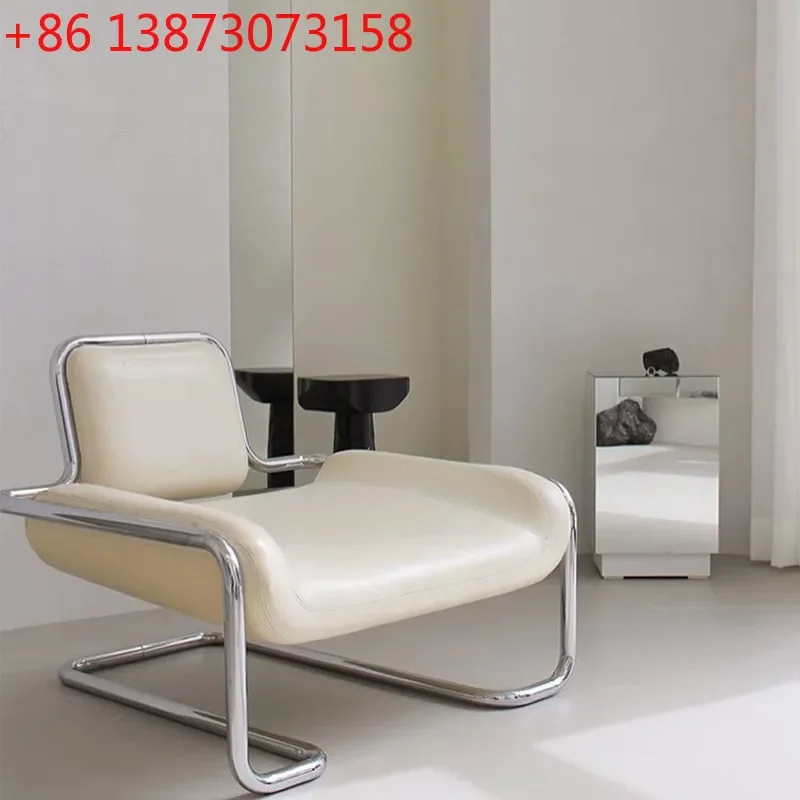 

Medieval designer curved convex leather art stainless steel modern personalized simple single chair