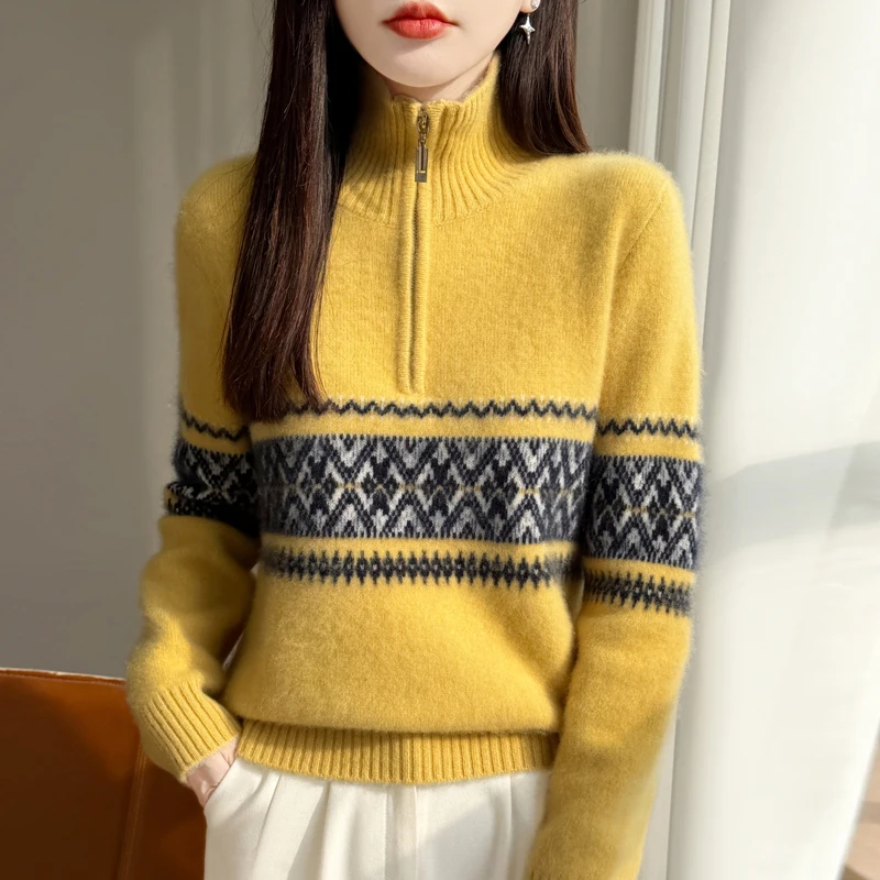 

Women Wool Sweater Mock-neck Pullover Spring Autumn 100% Pure Wool Knitwear Thickened jacquard half-zip High quality Wool Top