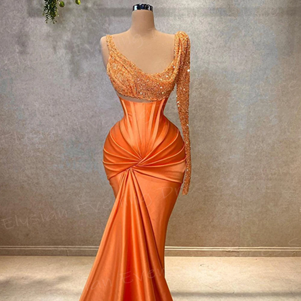 Vestidos de Noche modernos de sirena para mujer, vestidos de graduación plisados de un hombro brillantes con lentejuelas, color naranja, Pretty fascinante