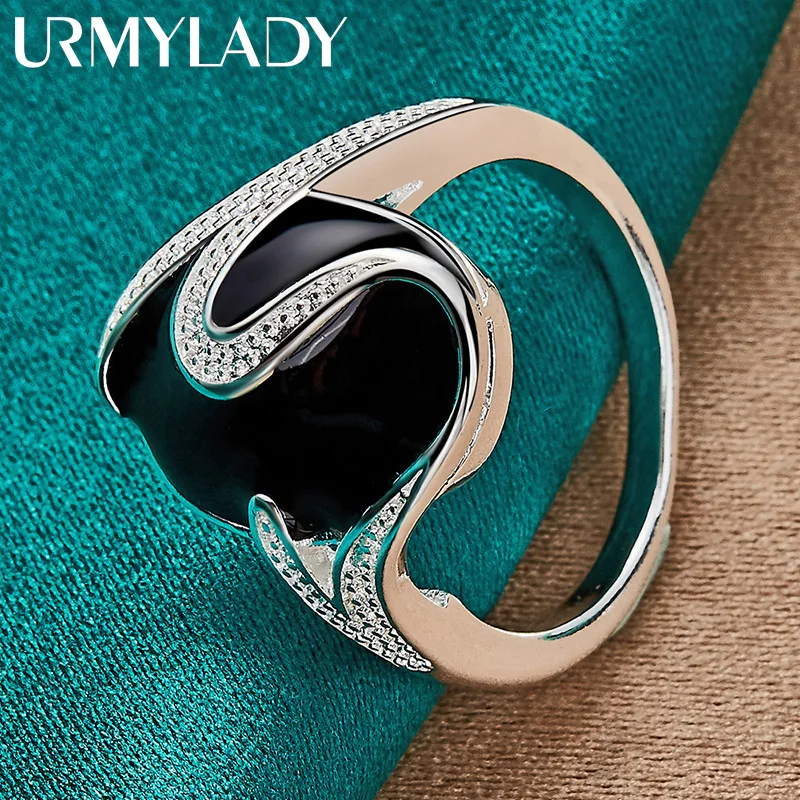 URMYLADY 925 Sterling Silver Okrągły obsydian 7-10 #   Pierścionek dla kobiet ślubny urok zaręczynowy biżuteria
