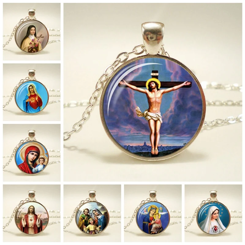 Jesus Christ Catholic Jewelry Necklace Virgin Mary Religious Art Glass Dome Pendant Gift