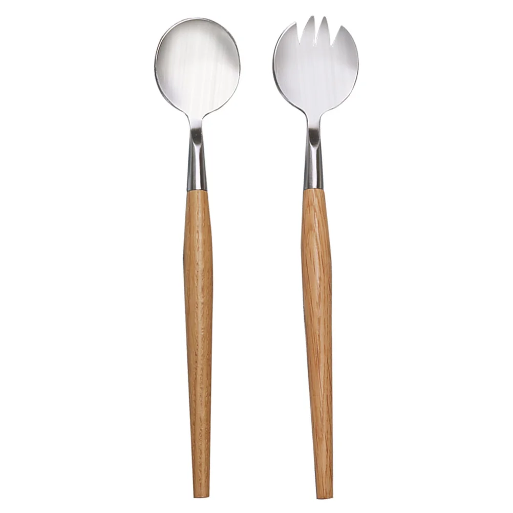 

2 Pcs Salad Servers Stainless Steel Wood H Cutlery Classic Fork Spoon Reusable Tableware Set Kitchen Bar Tools