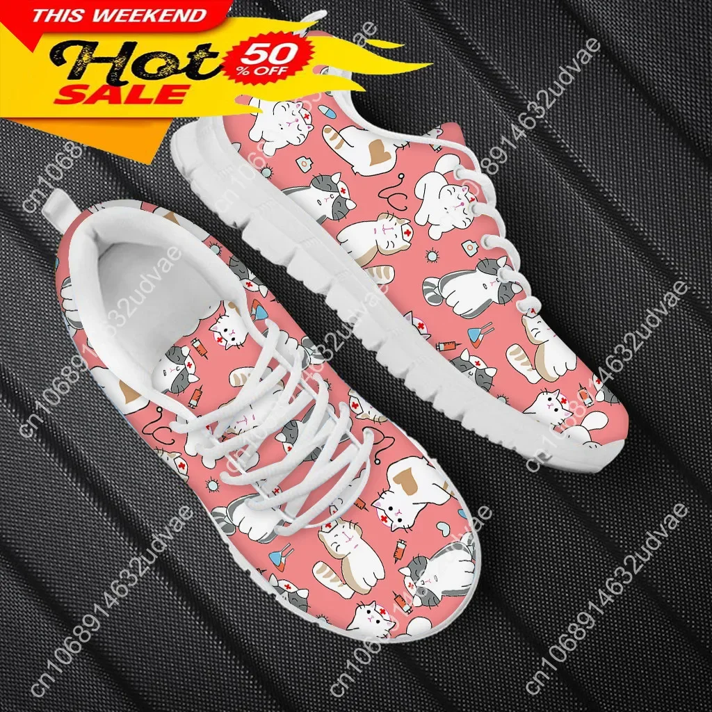 Women Nurse Sneakers Cartoon Cat Veterinary Print Lightweight Mesh Flats Ladies Casual Winter Cute Nursing Shoes New