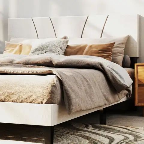 Nuevo marco de cama Queen Beige 207x156x107cm marco de cama de madera con soporte de carga fuerte con cabecera para dormitorio marco de cama de madera