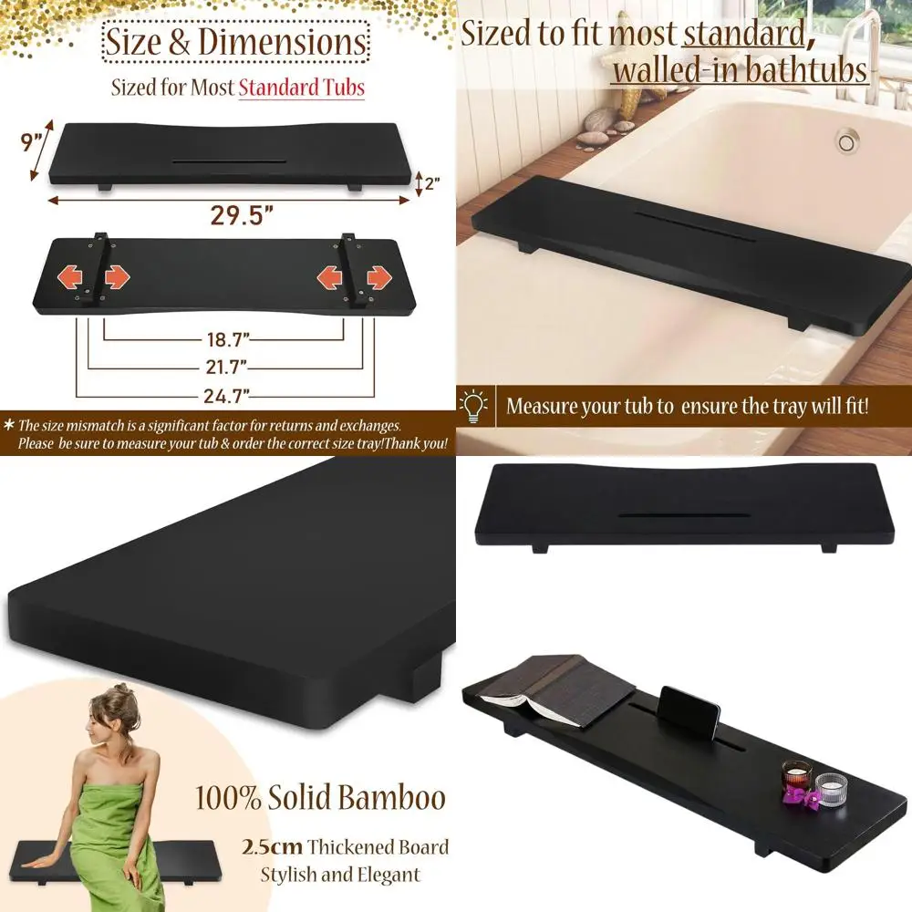 

Elegant Black Bamboo Bathtub Tray with Adjustable Legs, Minimalist Bath Caddy for Relaxation and Convenience