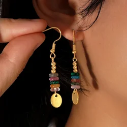 1 pair of colorful natural stone color random copper bead discs summer earrings Bohemian beach vacation style daily gift giving