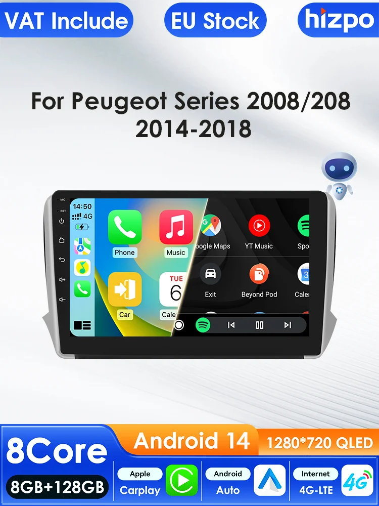 Hizpo Autoradio Carplay 4G 8581 AI Systemen Android Autoradio voor Peugeot 208 2008 Serie 2012-2018 multimedia Video Player Gps - afbeelding 2