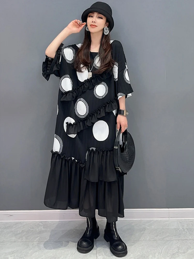 SHENGPALAE Chiffon Printed Short Sleeved Ruffle Edge Spliced Casual 2024 Spring New Mid Length Dress Fashion Women Robe 5R9584