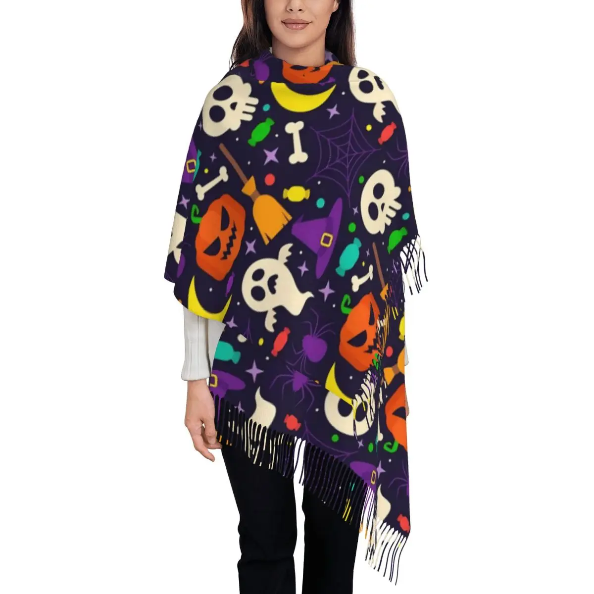 Halloween Shawls Wraps Womens Winter Single-sided Pattern Scarf Ghost Skull Bats Neckerchief Tassel Scarves