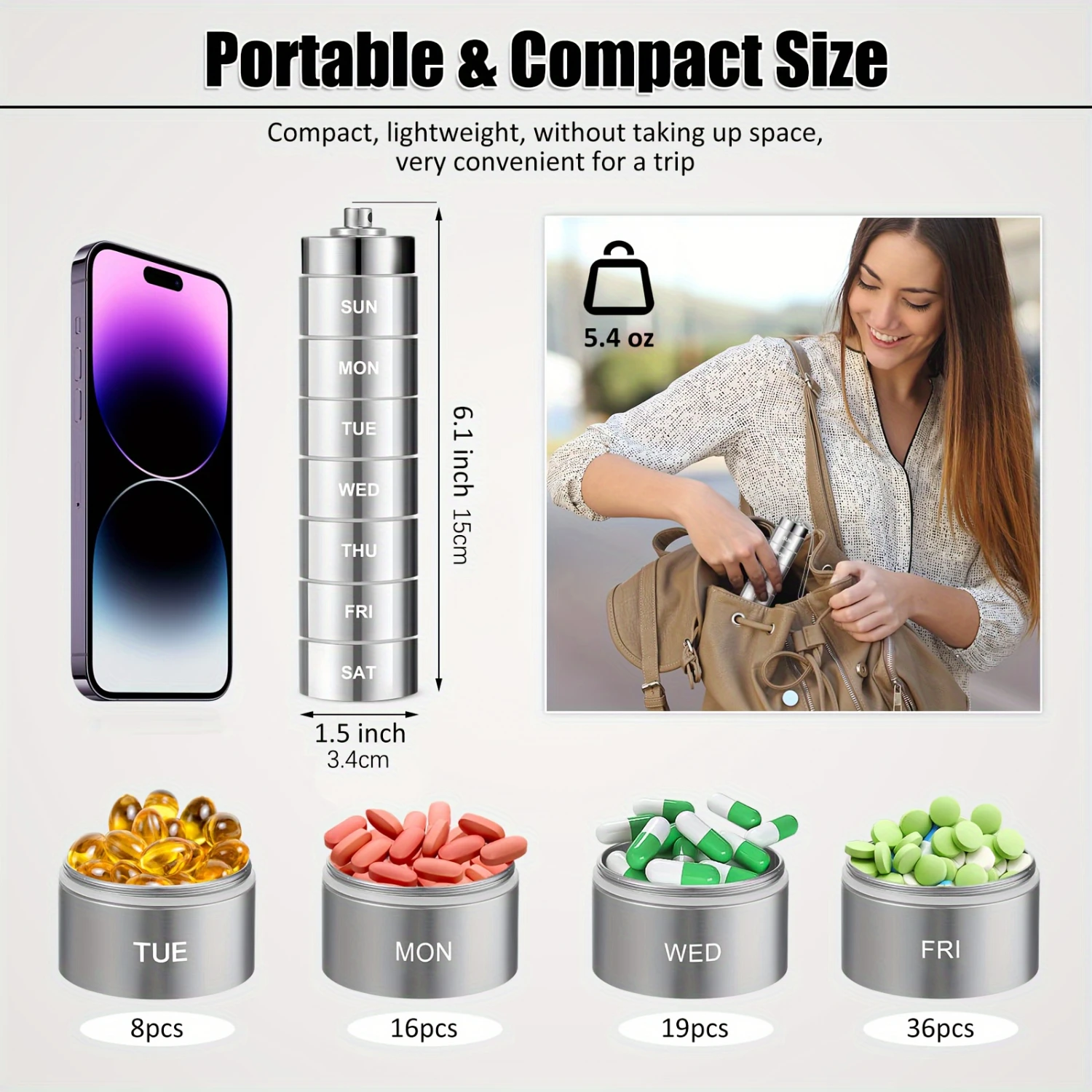 Black Aluminum Travel Pill Case  7pc Stackable, Waterproof, Durable Organizer with Secure