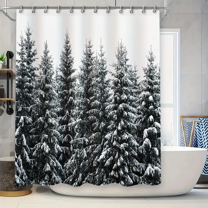 

Winter Forest Shower Curtain Snowy Trees Nature Backdrop Bathroom Decor Woodland Theme Waterproof Fabric Cover for Tub