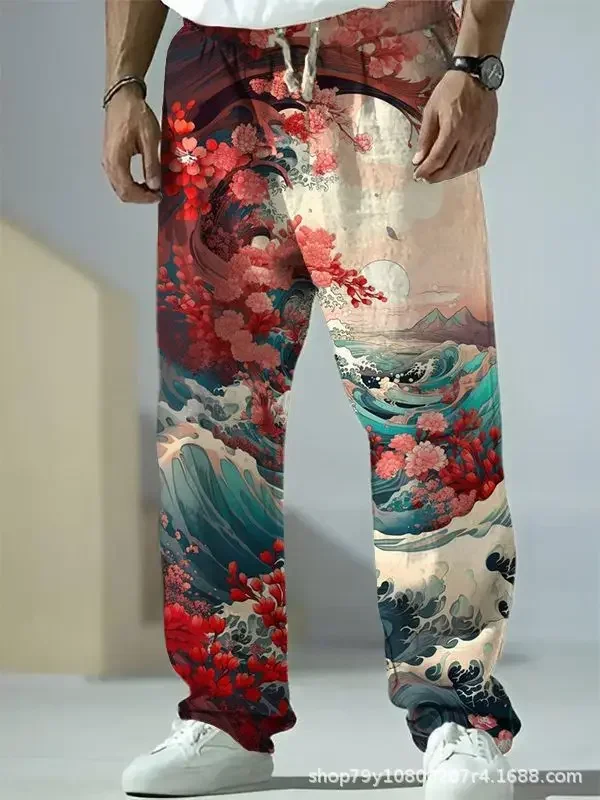 Chinese style linen casual pants for men and young people, loose fitting oversized retro printed fashionable straight leg pants