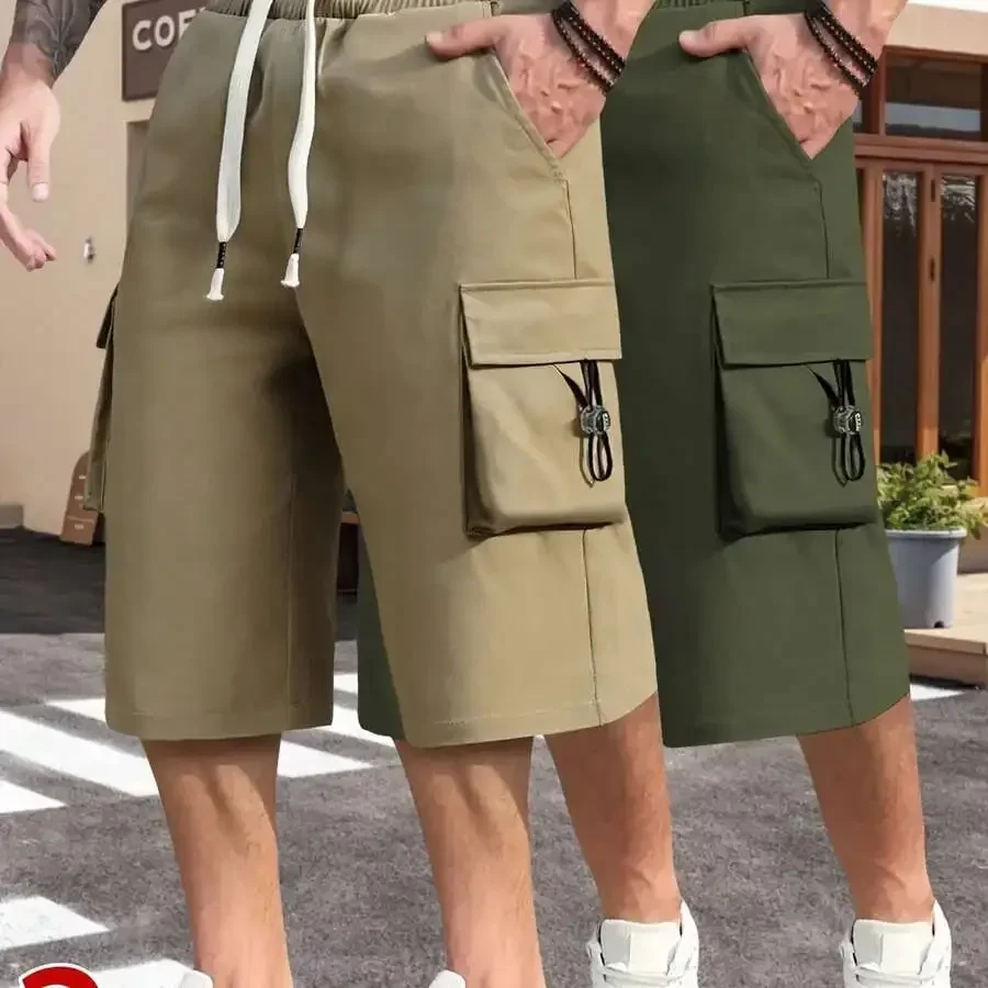 

2pcs Mens Cargo Shorts Summer Casual Elastic Drawstring Waist Outdoor Shorts