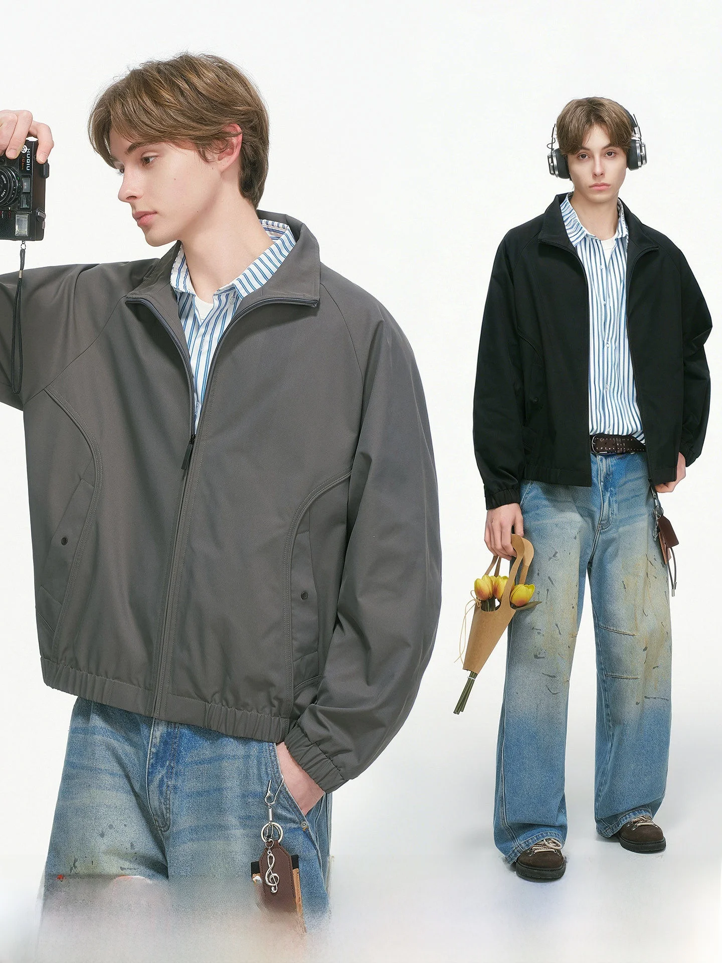 Cleanfit American Style Short Flight Jacket for Men Autumn  Fleece Outerwear Casual Loose Fit Polyester Fiber Zipper Clo...