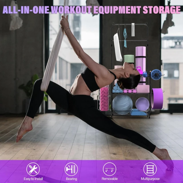 組み立て簡単なホームジム用メタルオーガナイザー、ホイールとフック付き、ヨガマット、バスケットボールオーガナイザー