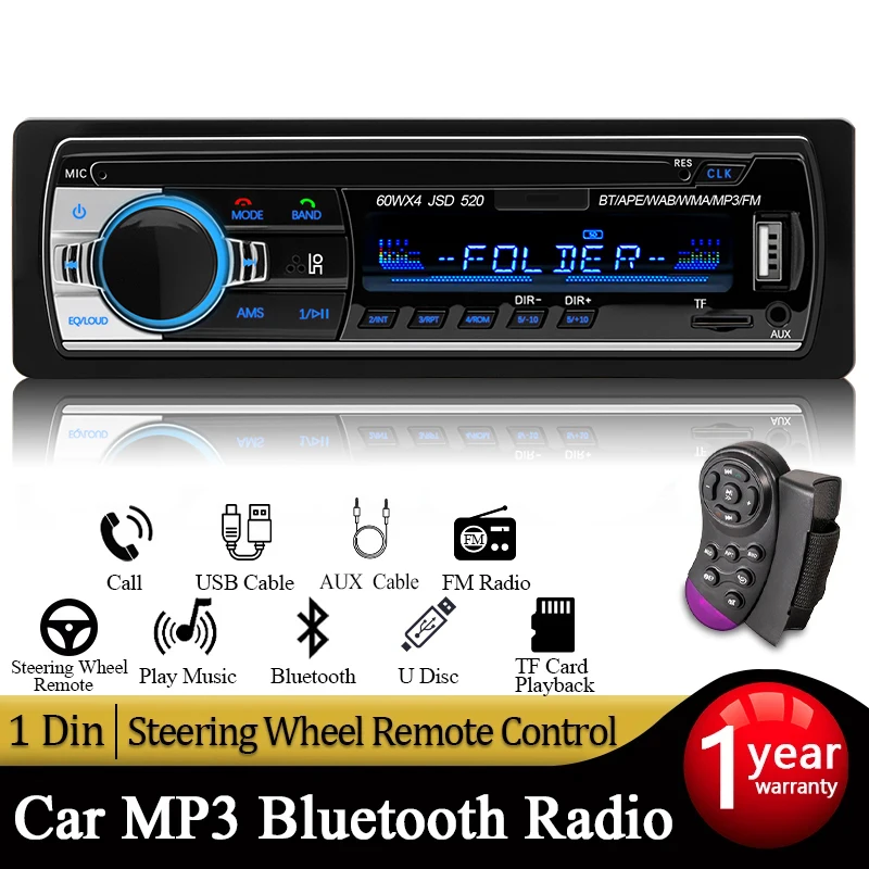 Radio samochodowe 1-dino Stereo Multimedialny odtwarzacz MP3 Cyfrowy Bluetooth FM ISO Zasilanie Aux Wejście USB Bluetooth Uniwersalne radio samochodowe