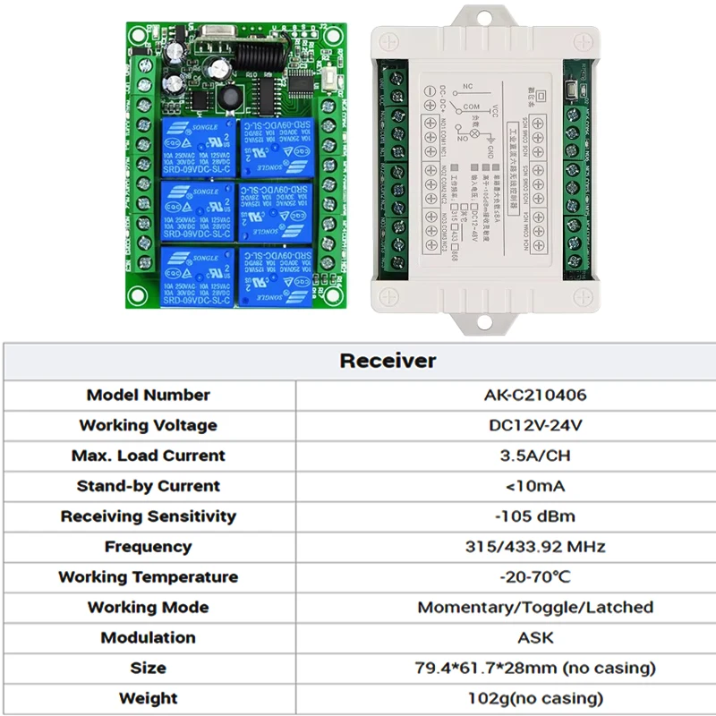433MHz RF Wireless Remote Control 6 CH DC8~12V Industrial Remote Control For Lights.barrier gates.Garage Remote Control