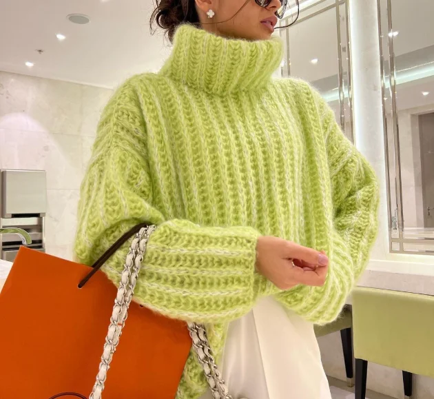 Women's Trendy Sweater 2025 Autumn Winter Latest Solid Color Knitted Sweater Hoodie Fluffy Long Sleeve Loose Fit Sweater Top