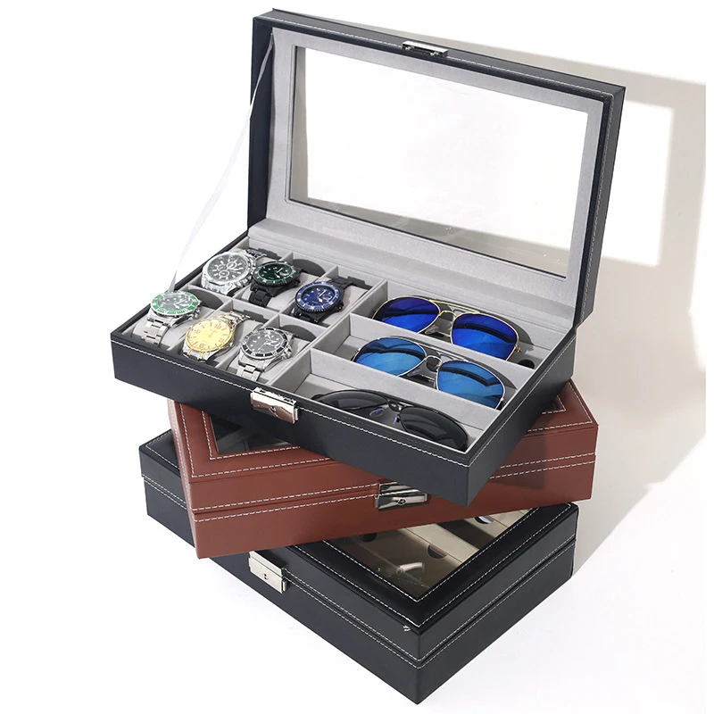 6+3 Girds PU Leather Multifunctional Glasses Organizer Watch Case Sunglasses Box Eyeglasses Display Storage  For Men Or Women