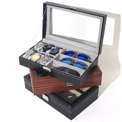 6+3 Girds PU Leather Multifunctional Glasses Organizer Watch Case Sunglasses Box Eyeglasses Display Storage For Men Or Women