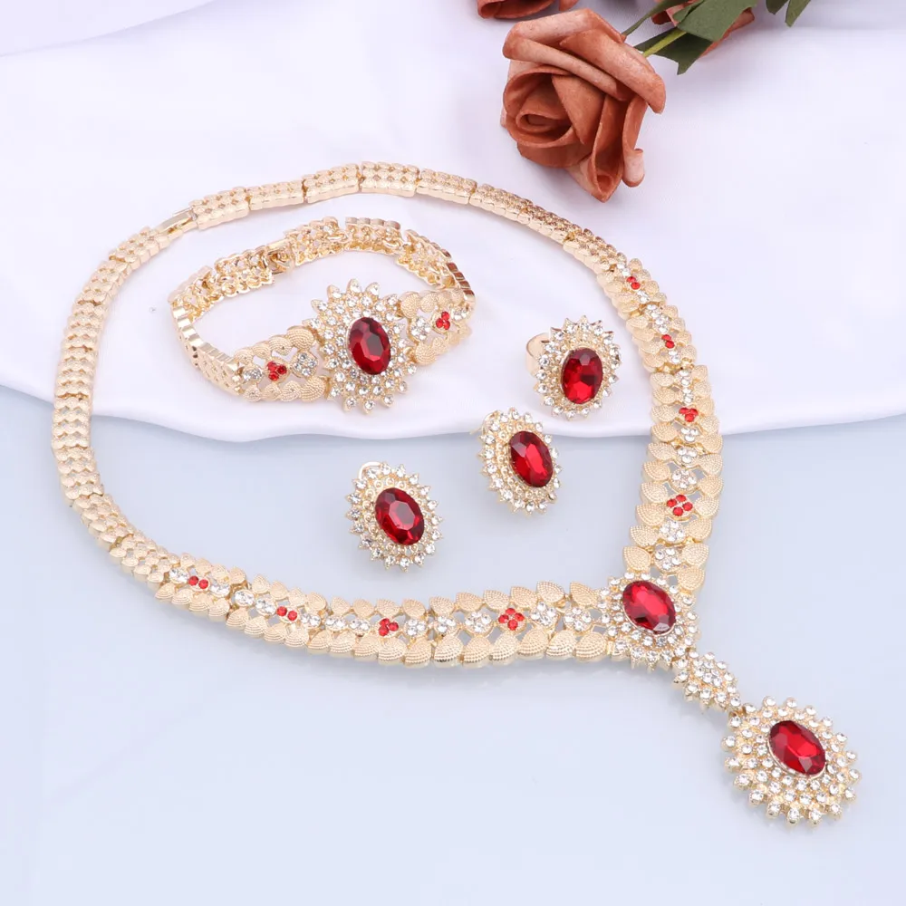 Women\'s Bridal Crystal Zircon Statement Necklace Earrings Bangle Ring Wedding Party Dinner Dress Costume Jewelry Set