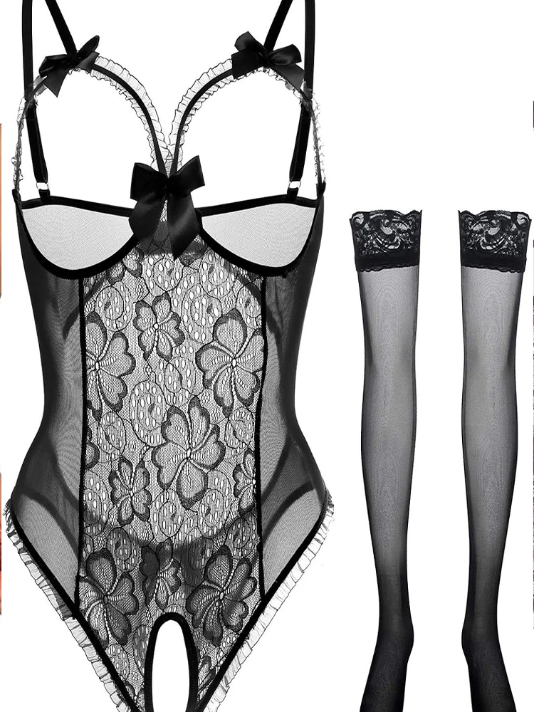 여성 포르노 속옷 레이스 속이 비치는 오픈 브라 세트 플러스 사이즈 섹시 코스튬 딥 V넥 테디 바디수트 에로틱 크로치리스 란제리 세트