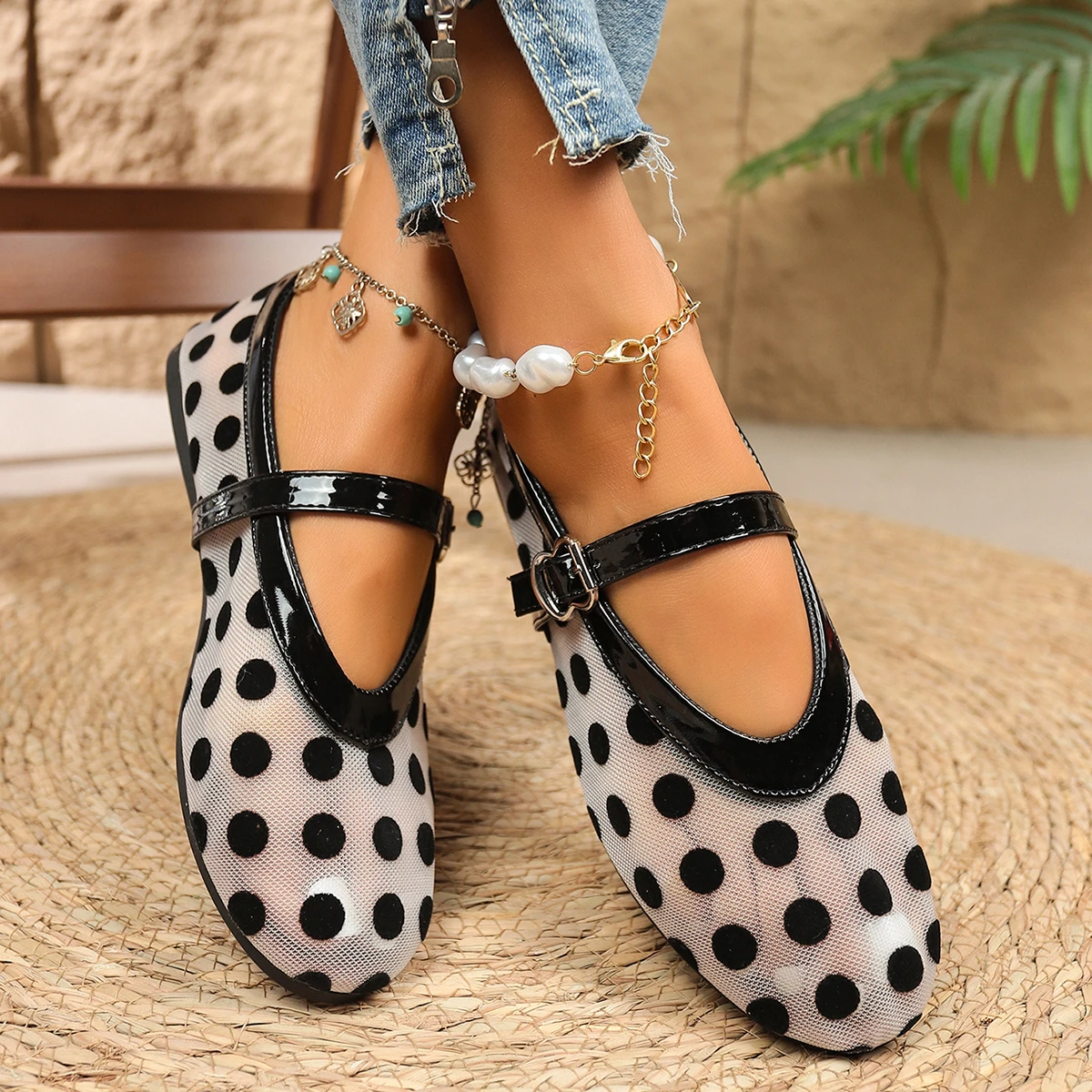2026 Damen Ballerinas mit Netzstoff und Polka Dots, Vintage Mary Jane Schuhe mit runder Zehenpartie, Übergrößen Damenschuhe Größe 36-43 – Detail 17