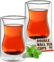 Set of 2 Turkish Tea Cups - 6 oz Double Wall Insulated Glass Mugs for Coffee, Espresso, Cappuccino, Latte, Clear Hot Bever