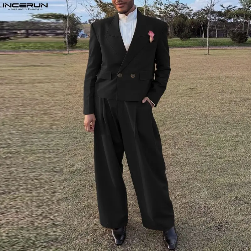 INCERUN 2026 Men Sets Solid Color Lapel Long Sleeve Blazer & Pants Two Pieces Sets Elegant Streetwear Fashion Men's Casual Suits