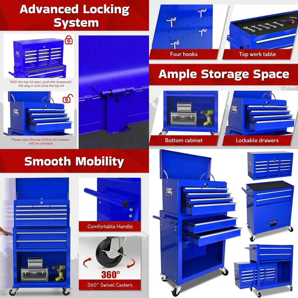 

Portable 8-Drawer Tool Chest with Wheels and Lock, Blue, for Garage and Workshop Storage