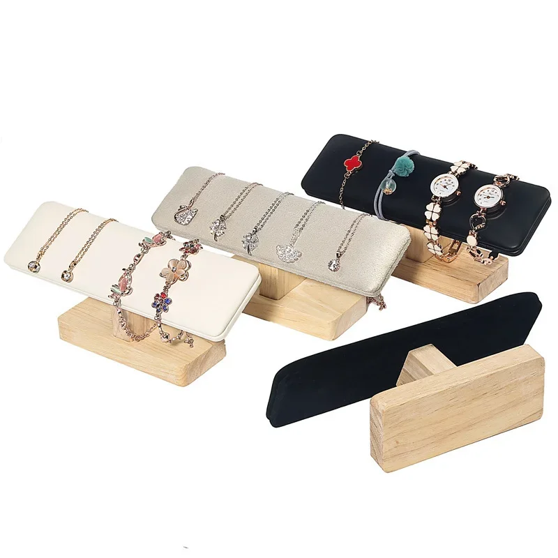 Neue T-Form Holz Basis Schmuck Display Stand PU Leder/Samt Armband Armreif Uhr Kette Lagerung Halter Zähler display Requisiten