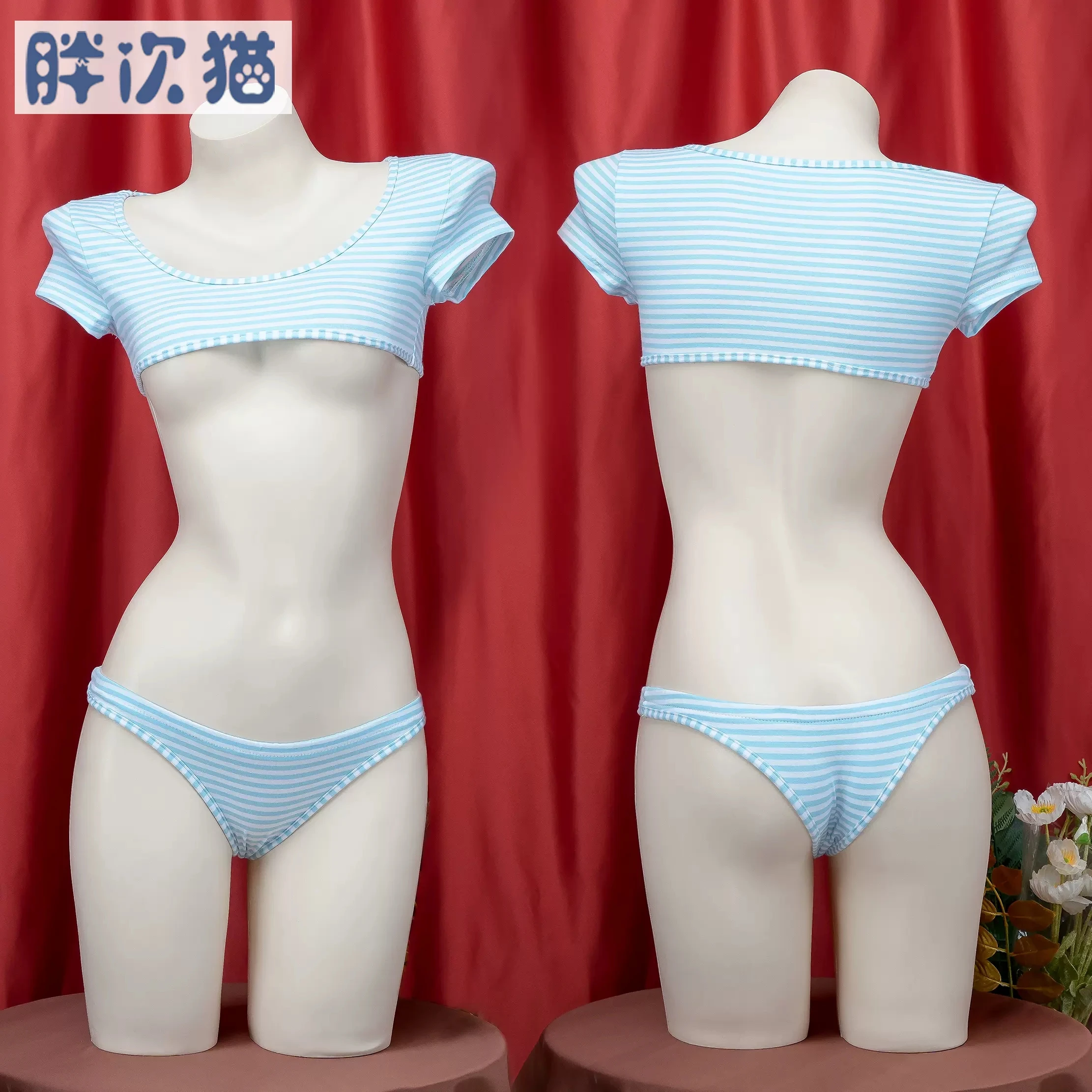 مجموعات ملابس داخلية يابانية مخططة من ثلاث نقاط ، زي تنكري للمدرسة للبنات ، زي بيكيني قصير للغاية