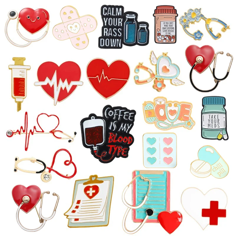 Broche esmaltado médico, estetoscopio de corazón, termómetro ECG, jeringa, píldora, tipo sangre, Bloc de notas médico, insignia de Metal, alfileres de solapa, joyería