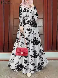 ZANZEA Floral Print Bohemian Maxi Dress Women Fashion Long Sleeve O Neck Tiered Vestidos Islamic Muslim Belted Abaya Long Robes