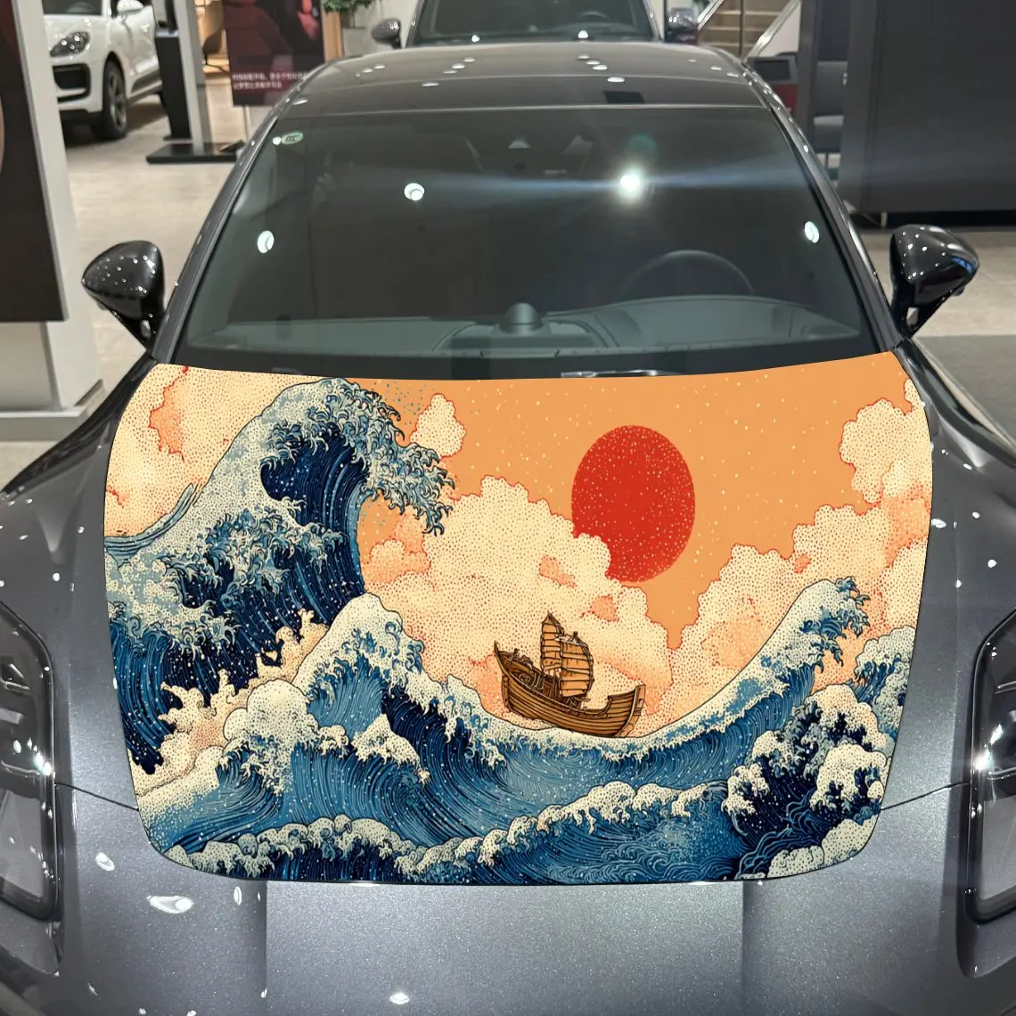 

Ship is Sailing on the Turbulent Japanese Waves PVC Car Hood Wraps, Self-Adhesive Waterproof Car Bonnet Decal Sticker, Car Decor