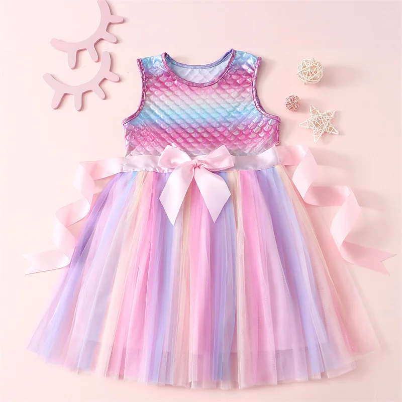 Girls Color Block Fish Scales Print Layered Hem Party Dress multi color dress