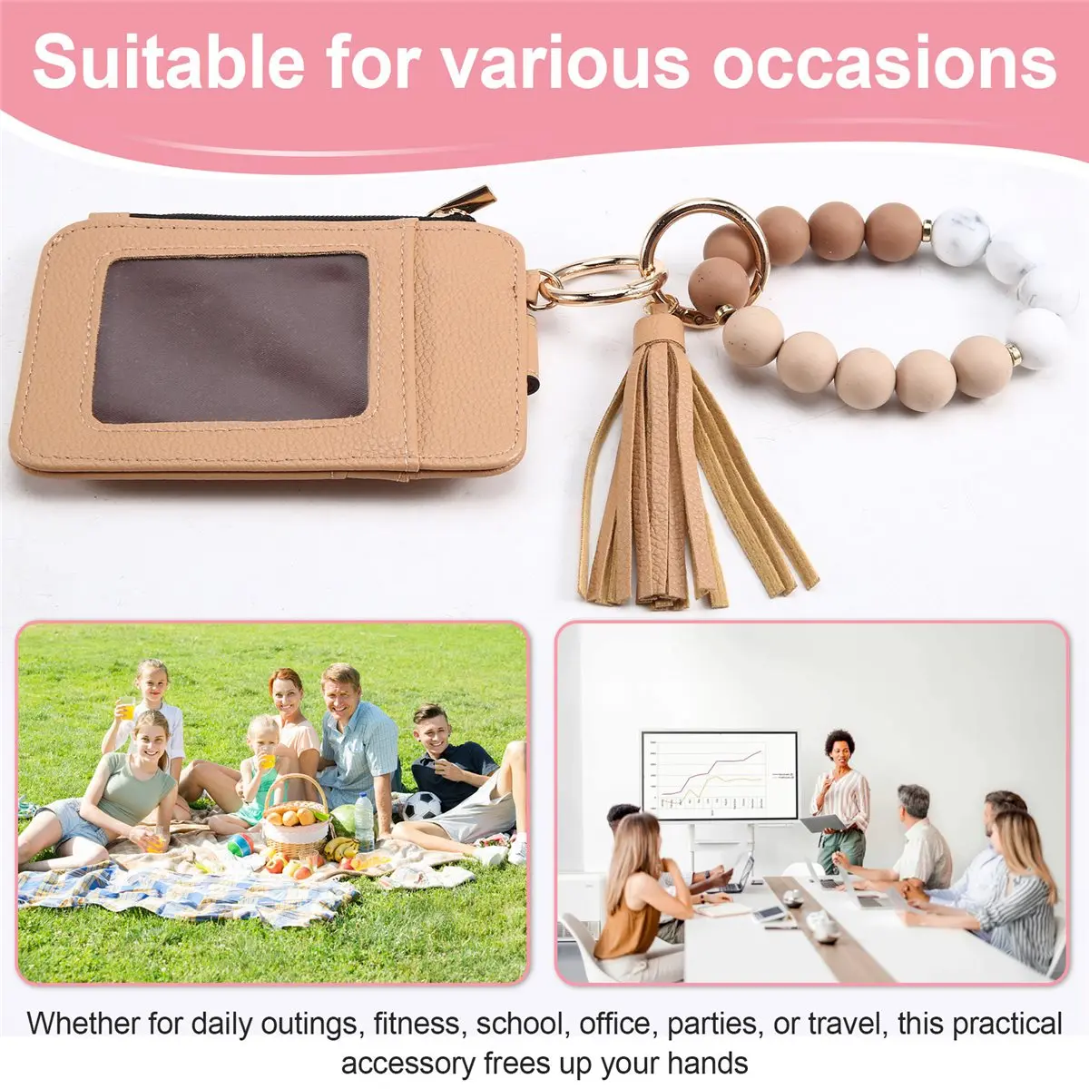 Key Chain Wristlet Bangle Bracelet Keychain Women'S ID Small Change Holder Wallet with Detachable Keyring Protection