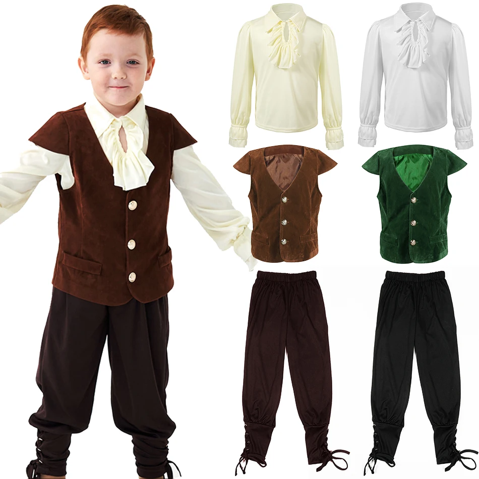 Boys Vampire Medieval Pirate Knight 3Pcs Sets Ruffles Shirt Vest Pants Halloween Stage Performance Outfits Carnival Fantasy Sets