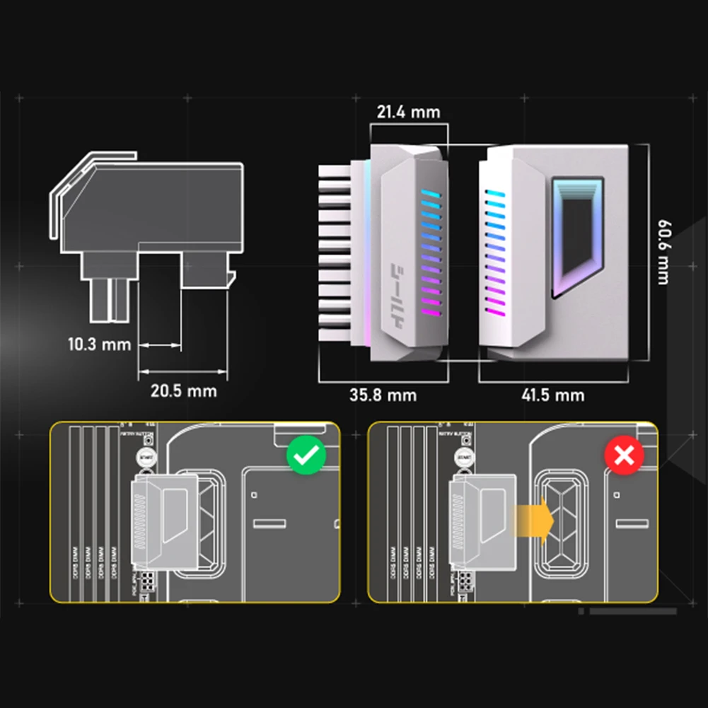 ATX 24 ピン 180 度電源コネクタ アダプタ、インフィニティ ミラー ARGB ライト付きメス - オス電源アダプタ 24 ピン アングル アダプタ