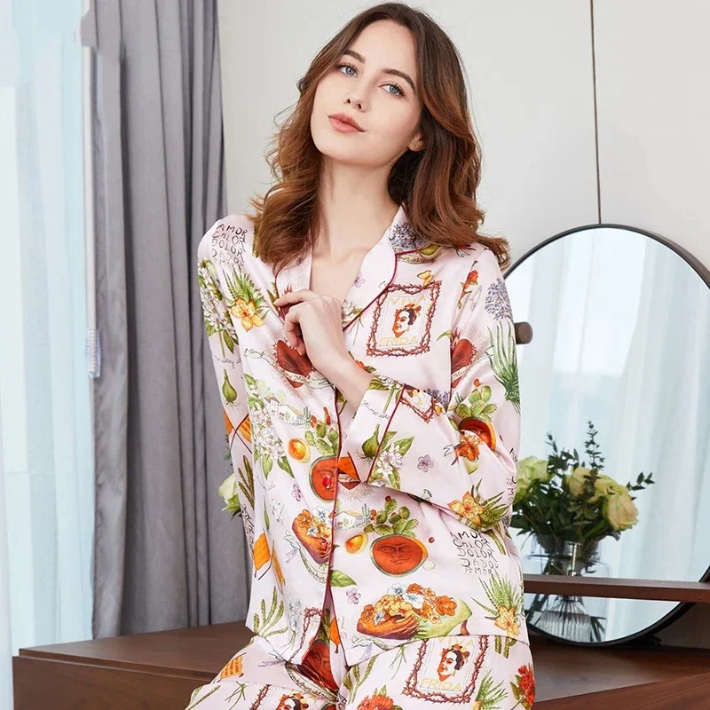

Sweet 100% Mulberry Silk Loungewear for Women Cute Lapel Home Pajama Set Casual Outfit Button Down Pyjamas Sleepwear Nightwear