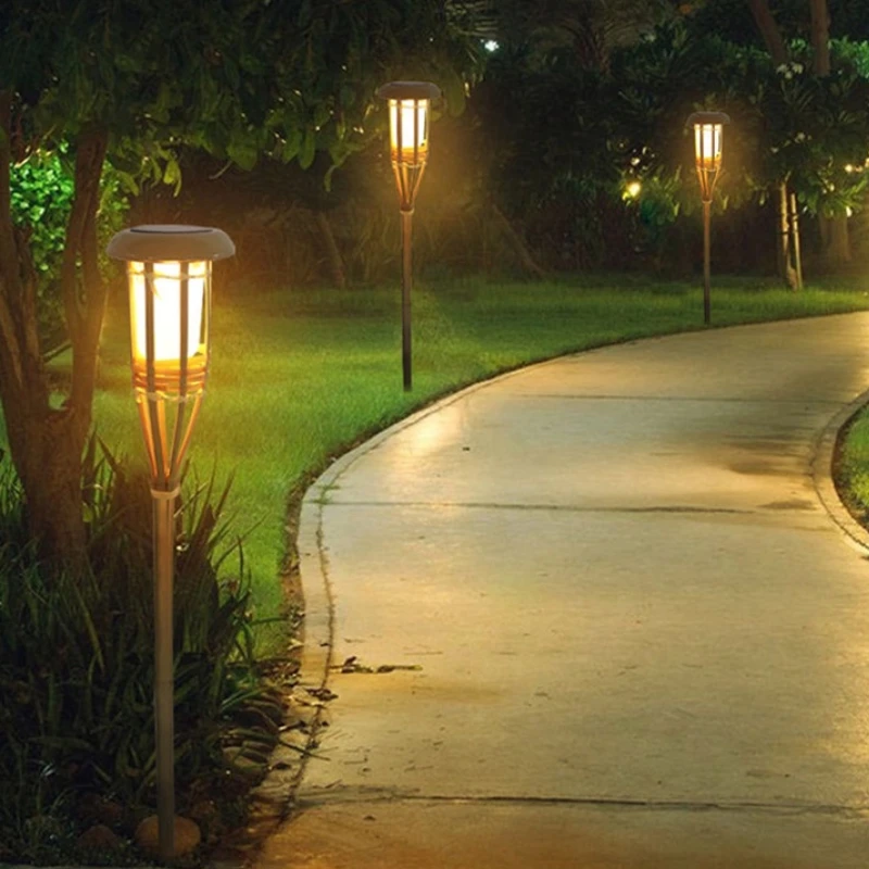 Lampade solari LED lampada effetto fiamma artigianato bambù illuminazione da giardino impermeabile torce da prato cortile paesaggio luce esterna