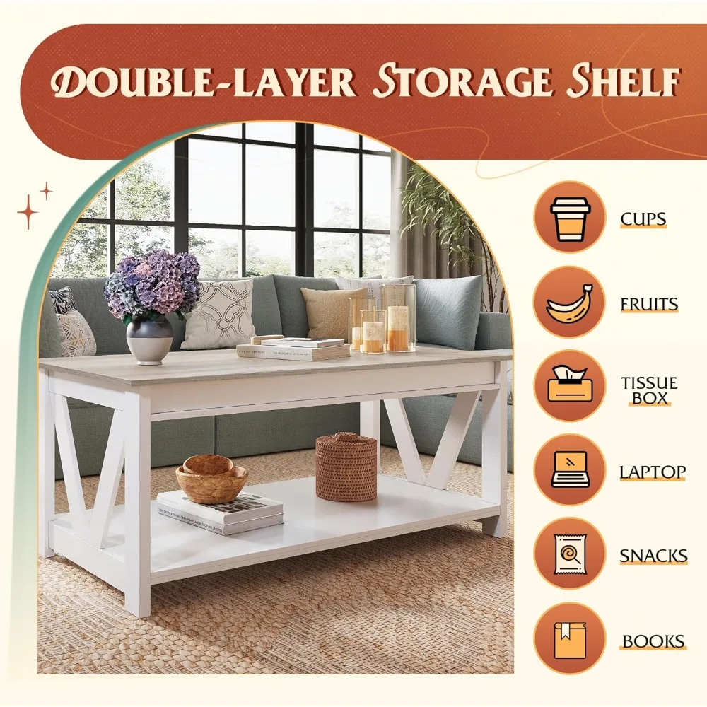 Salontafel in boerderijstijl met opbergplank en V-vormige steun voor de woonkamer