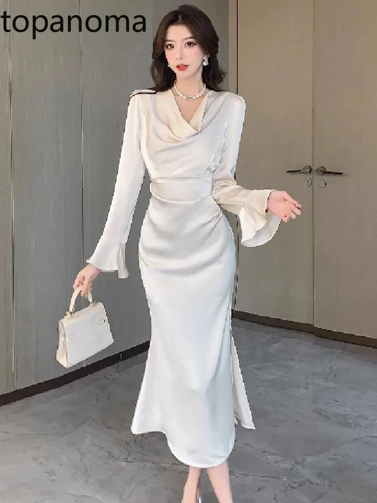 

Topanoma Wedding Party Evening Dresses Women Sexy Elegant Flare Long Sleeve Slim Satin Irregular Mermaid Dress Cocktail Female