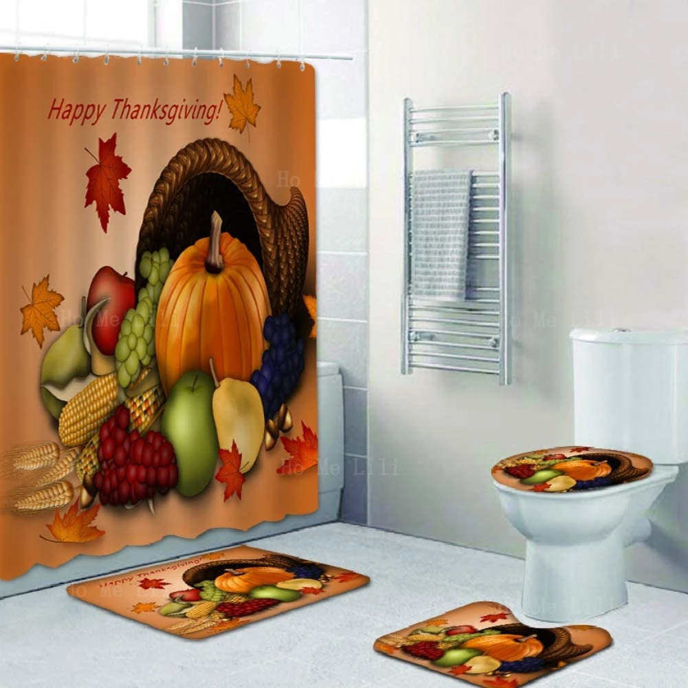 Autumn Maple Leaves Pumpkin Thanksgiving Harvest Bathroom Sets With Shower Curtain And Rugs And Accessories For Bath Decor