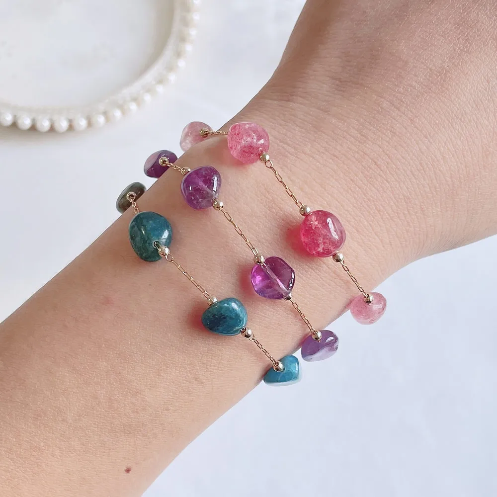 Pulsera de piedra de cristal Natural para mujer, Color dorado, mineral Irregular, Roca, cuarzo, cristal púrpura, azul, apatita, pulsera de piedra curativa