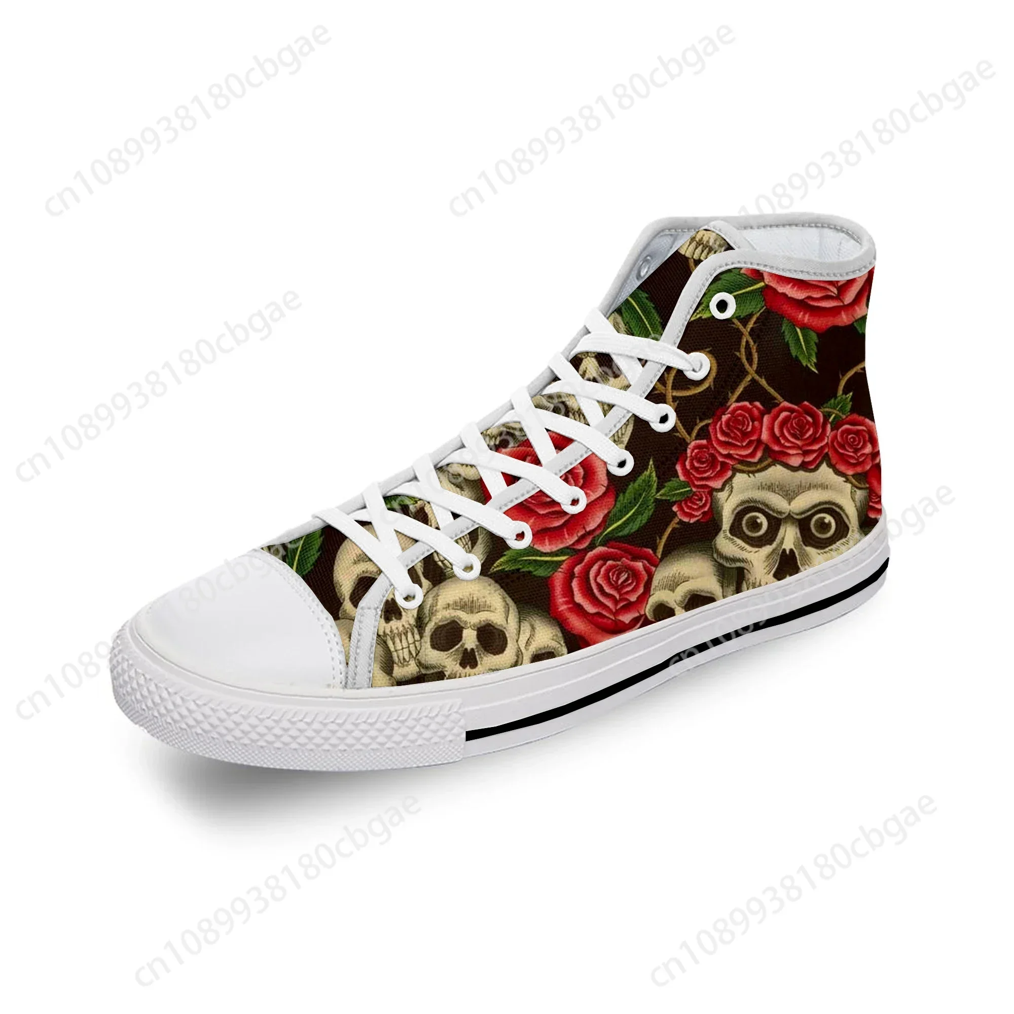 Teschio di zucchero Fiore rosa Caldo divertente Panno bianco Moda Stampa 3D Scarpe di tela alte Uomo Donna Sneakers leggere e traspiranti