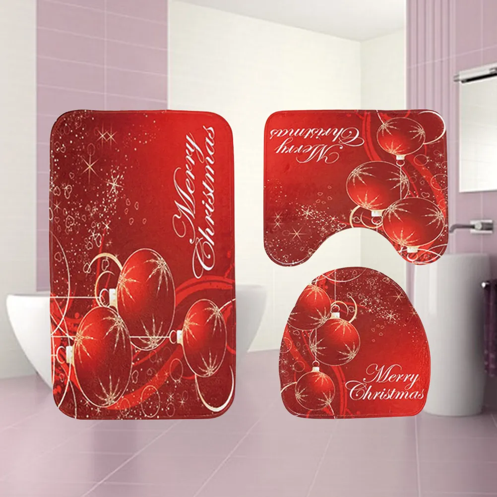 

Christmas Ball Pattern Bathroom Mat Set Red Antiskid Toilet Floor Mat Quick Dry High Absorption Non Slip Backing Washable