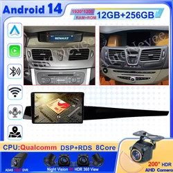 Android 14 For Renault Latitude 1 2010 -2015 Multimedia Car Stereo Radio Player Multimedia Head Unit GPS Navigation Carplay QLED